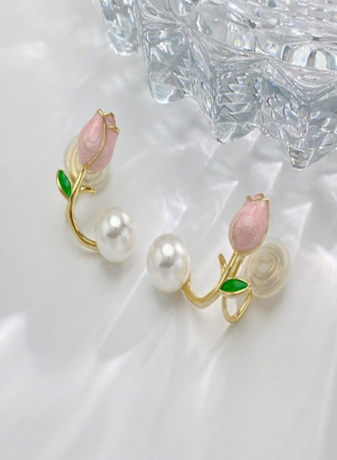 Frodete Tulip Pearl Flower Earrings Tulip Enamel Earrings Comfy Ear Cuff Jacket Front Back Earring For Women Girls, Other - Image 5