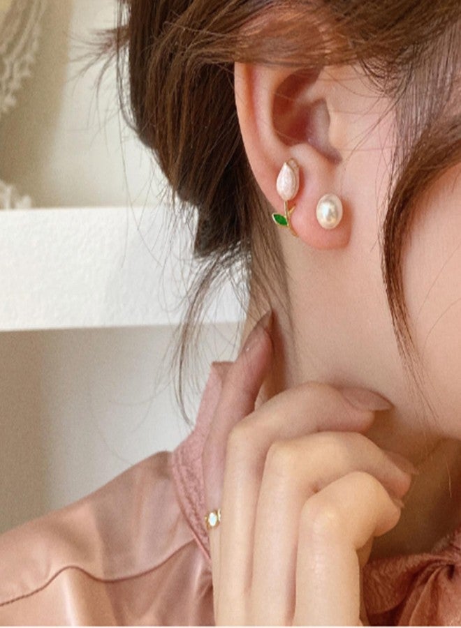 Frodete Tulip Pearl Flower Earrings Tulip Enamel Earrings Comfy Ear Cuff Jacket Front Back Earring For Women Girls, Other - Image 3