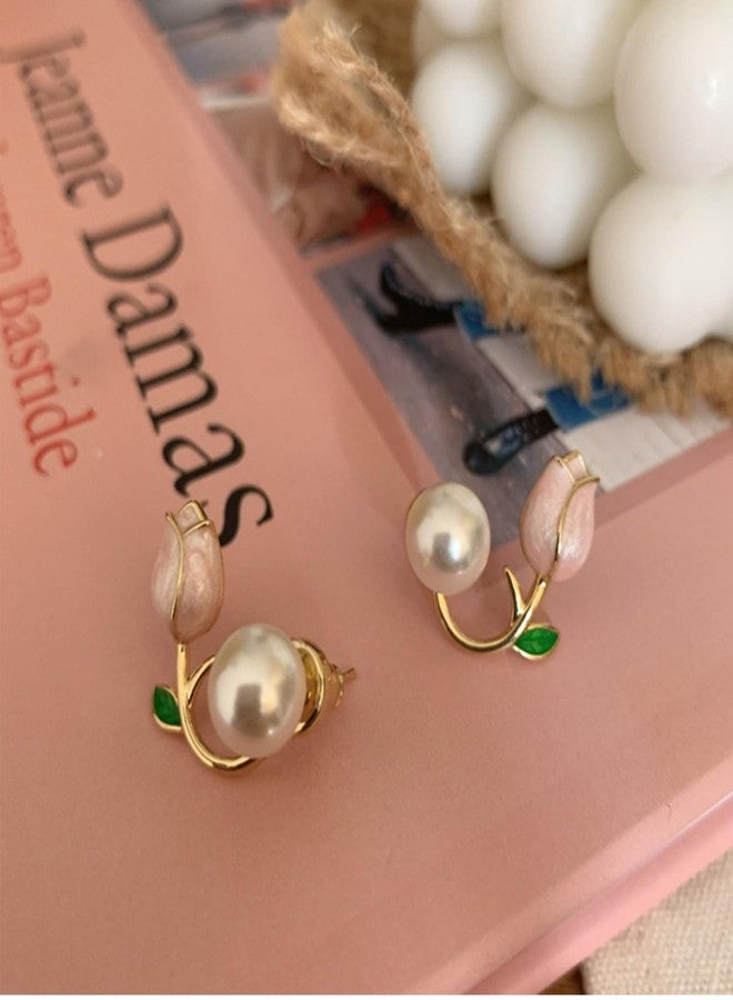 Frodete Tulip Pearl Flower Earrings Tulip Enamel Earrings Comfy Ear Cuff Jacket Front Back Earring For Women Girls, Other - Image 4