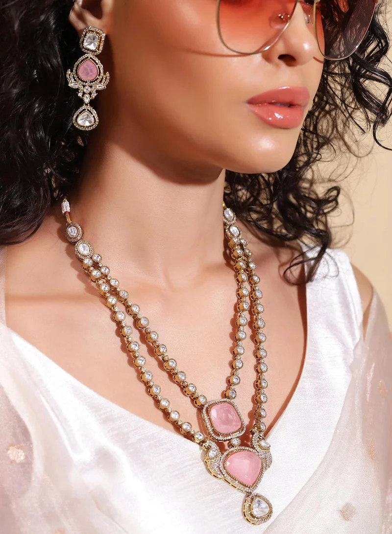 ISHIN Pink Colour Warm Metallic Plated Jewellery set