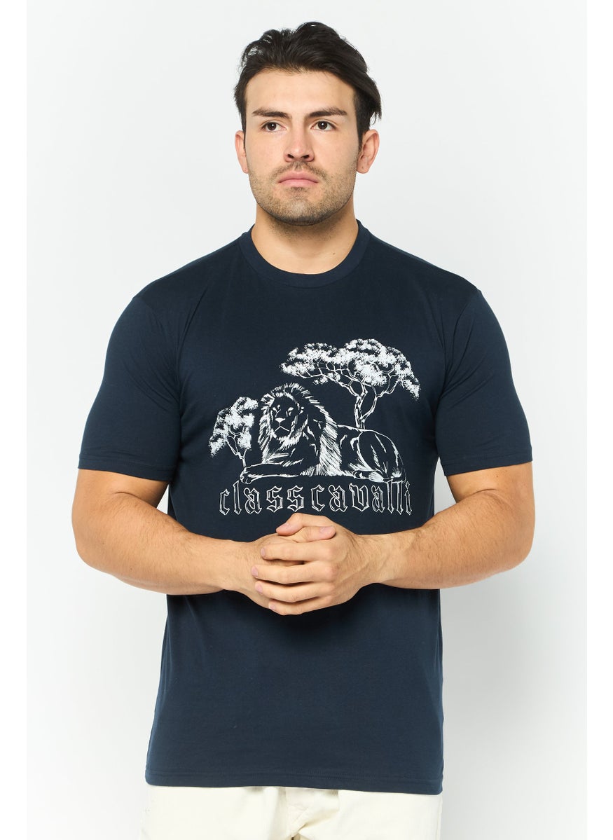 Cavalli Class Men Round Neck Short Sleeves Brand Logo T-Shirt, Navy  - Image 1