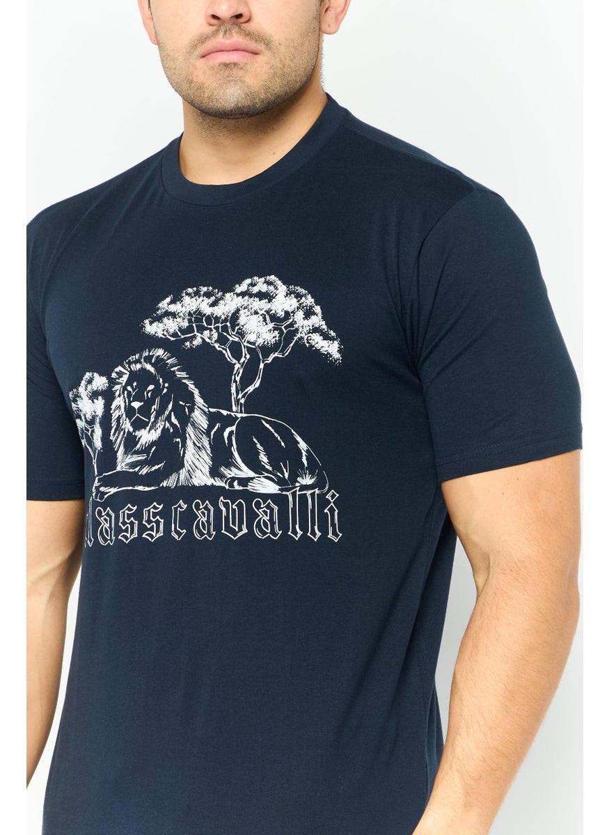Cavalli Class Men Round Neck Short Sleeves Brand Logo T-Shirt, Navy  - Image 3