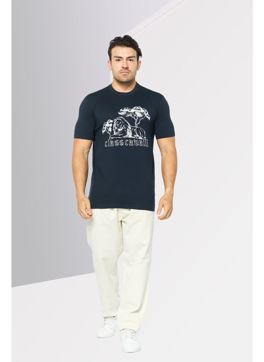 Cavalli Class Men Round Neck Short Sleeves Brand Logo T-Shirt, Navy  - Image 4