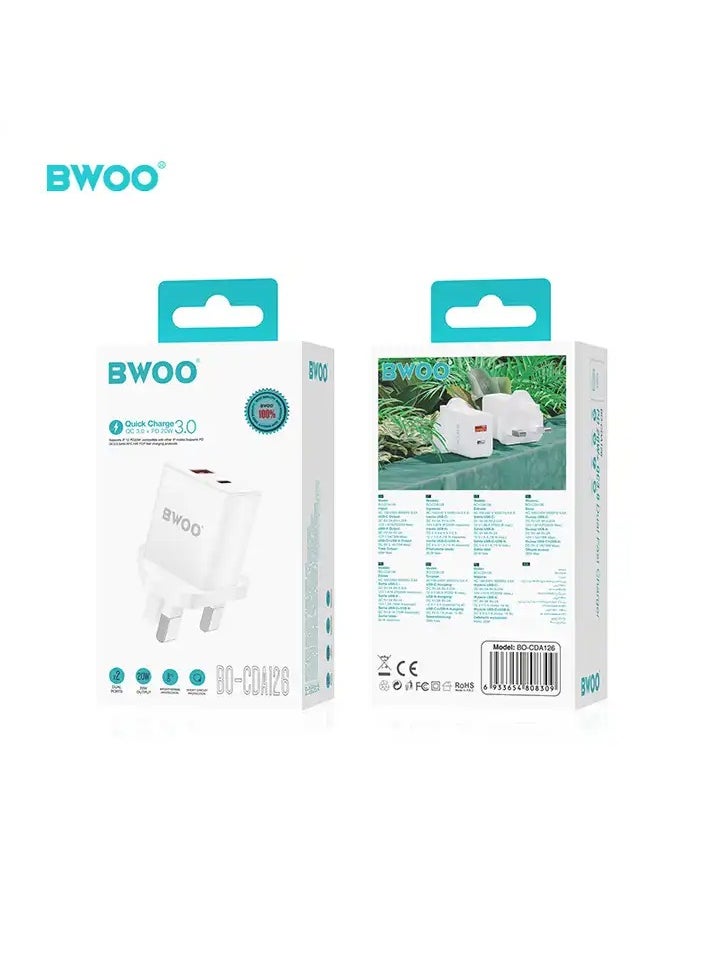 BWOO BWOO 20W PD Type-C Wall Charger for Cell Phones with UK Plug - Fast Charging, Multiple USB Ports  - Image 5