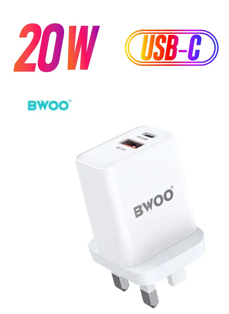 BWOO BWOO 20W PD Type-C Wall Charger for Cell Phones with UK Plug - Fast Charging, Multiple USB Ports  - Image 1