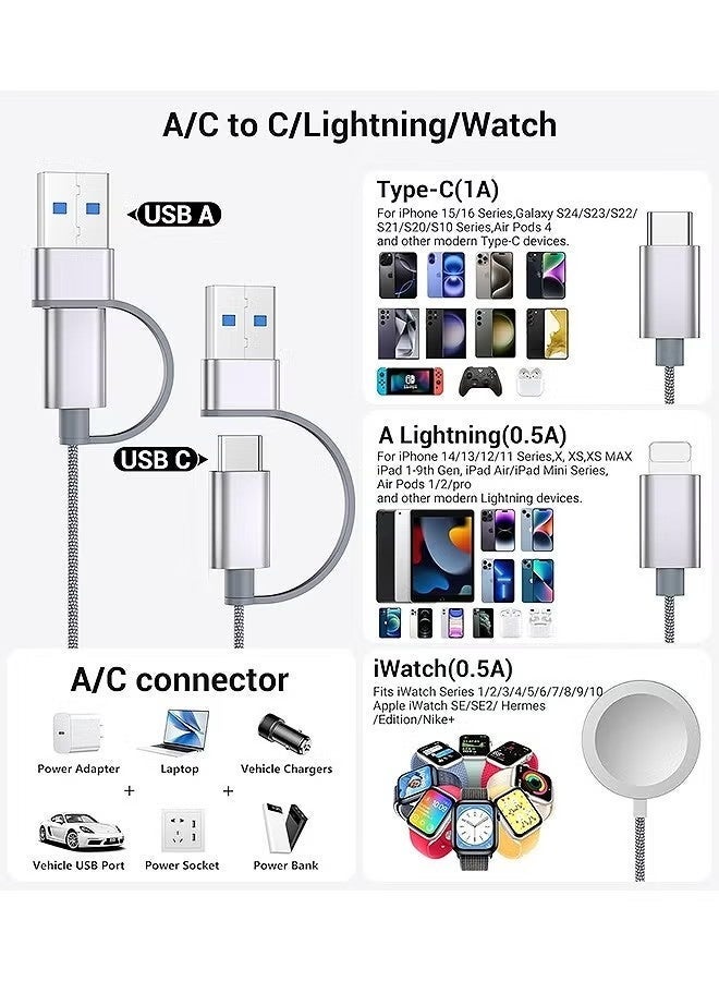 كابل شحن متعدد الوظائف 3 في 2 بمنفذ USB-C، شاحن ساعة أبل/شاحن آيفون 16/منفذ Lightning، كابل شحن متعدد الاستخدامات لمستلزمات التخييم، شاحن ساعة أبل ألترا/SE/10-1 وآيفون 16-12، شواحن بطاريات إكس بوكس ​​سيريس إكس وإس. - Image 2