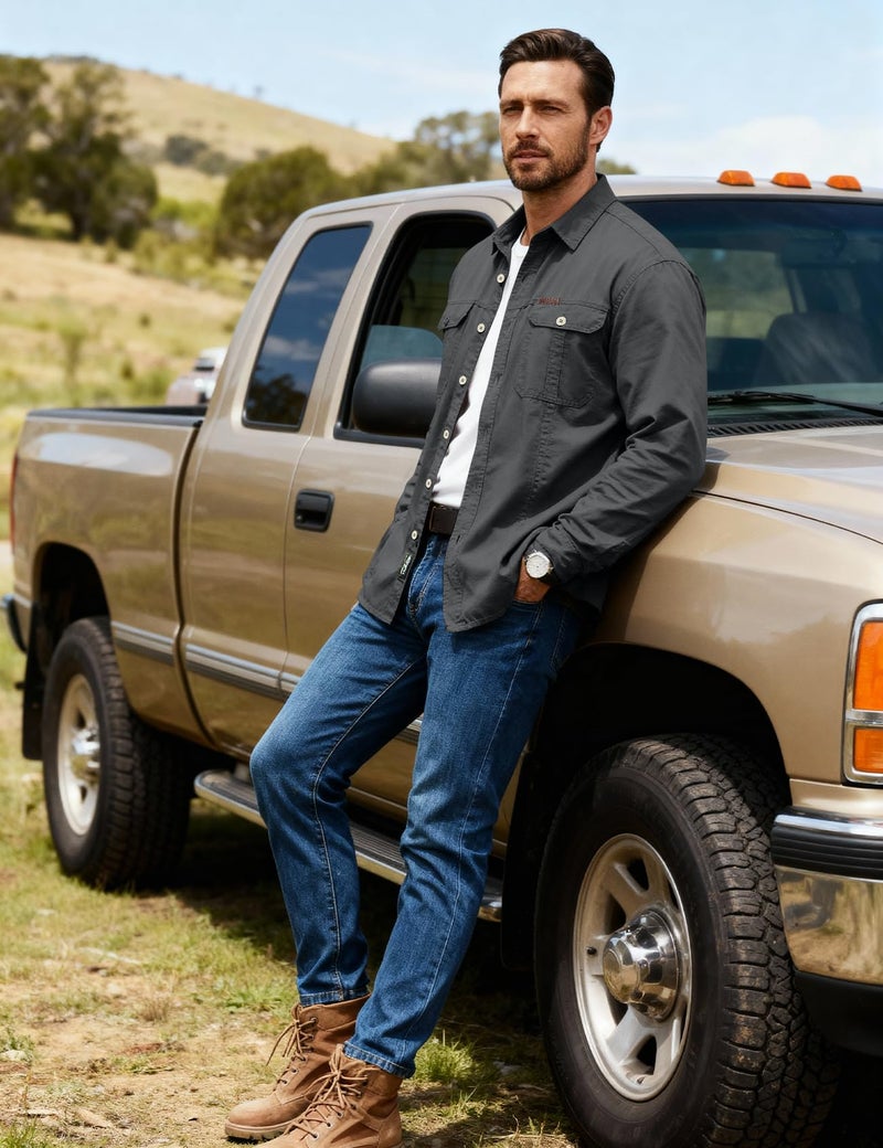 Eisctnd Men's Long Sleeve Work Shirt, Utility Cotton Button Down Cargo Shirts with Pockets for Casual Outdoor Safari Darkgrey - Image 2