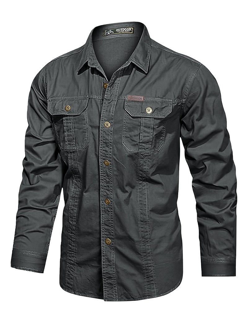 Eisctnd Men's Long Sleeve Work Shirt, Utility Cotton Button Down Cargo Shirts with Pockets for Casual Outdoor Safari Darkgrey - Image 1