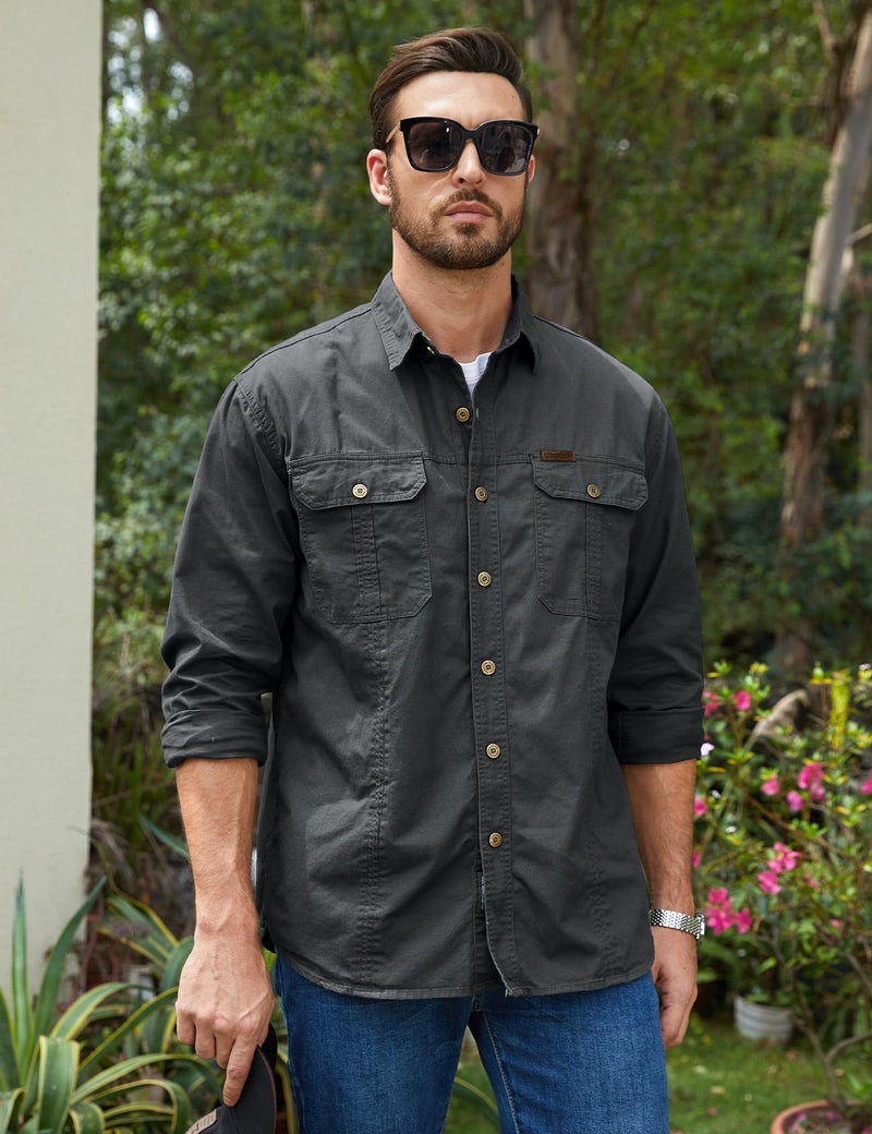 Eisctnd Men's Long Sleeve Work Shirt, Utility Cotton Button Down Cargo Shirts with Pockets for Casual Outdoor Safari Darkgrey - Image 4