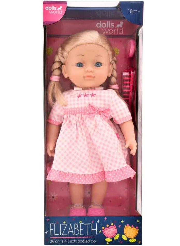 dolls world Dollsworld Peterkin Elizabeth 14-Inch Soft Body Doll with Sleeping Eyes, Outfit & Hair Accessories – Perfect Gift for Kids Age 3+ - Image 1