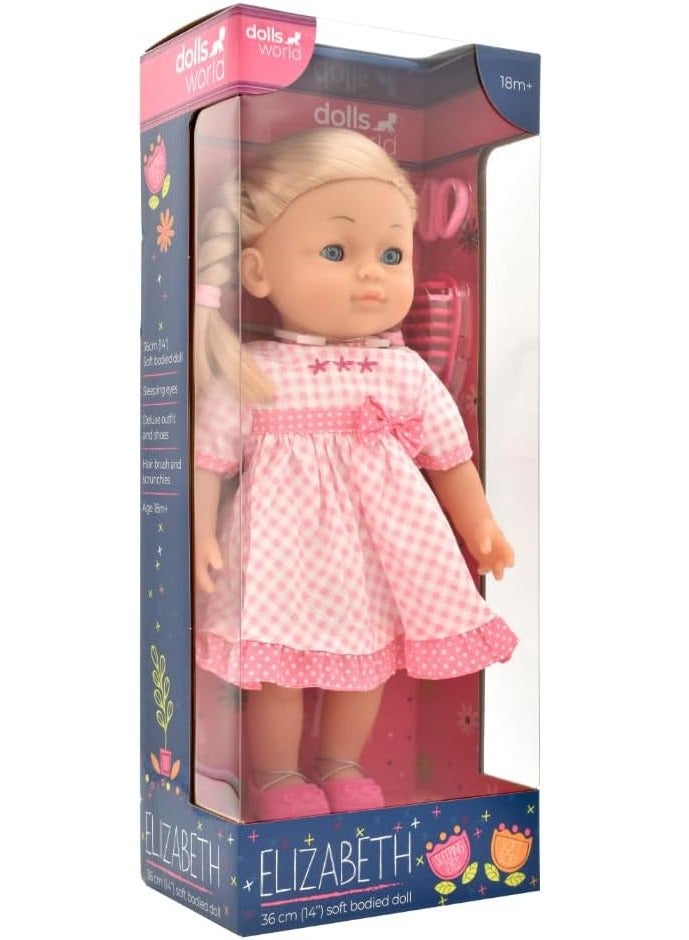 dolls world Dollsworld Peterkin Elizabeth 14-Inch Soft Body Doll with Sleeping Eyes, Outfit & Hair Accessories – Perfect Gift for Kids Age 3+ - Image 2