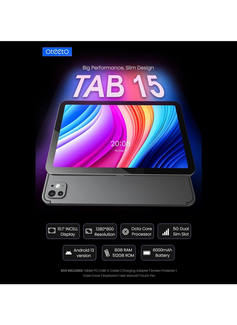 Oteeto - Oteeto TAB 15 Tablet/10.1 Inch/4G SIM/Premium Design/iOS Style Operating System/5G Dual SIM/Octa Core Processor/Included Flip Cover and Keyboard/8GB RAM + 512 GB ROM/Android 13/6000 mAh/8MP Front + 13 MP Rear Camera - Image 1