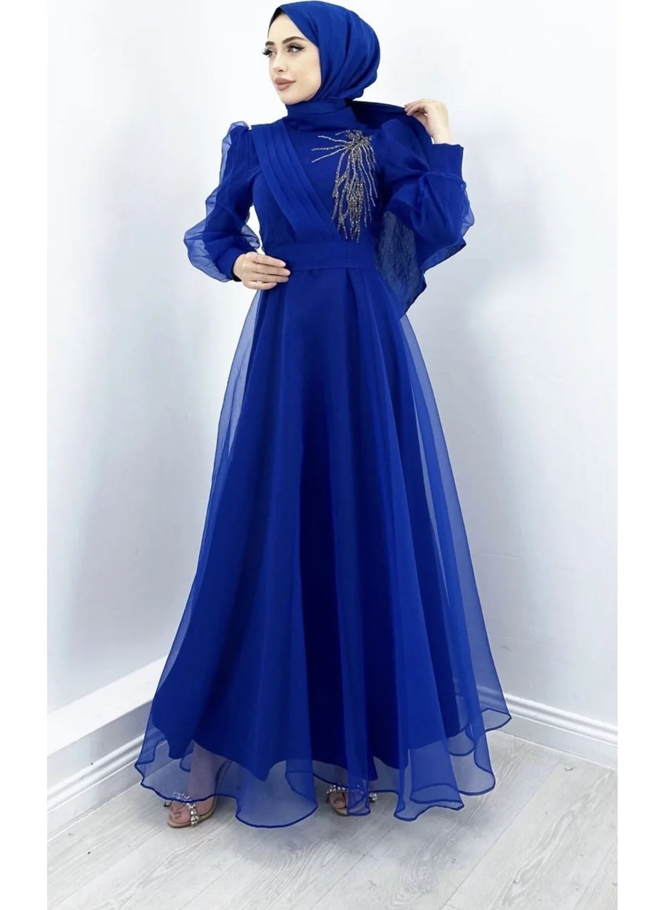 Merve Plume Shoulder Stone Embroidered Hijab Evening Dress Organza Tulle Belt Detailed Design Fashion Wedding Elegance – Saks