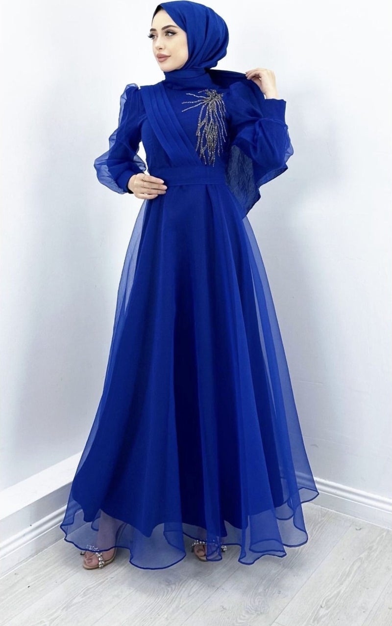 Merve Plume Shoulder Stone Embroidered Hijab Evening Dress Organza Tulle Belt Detailed Design Fashion Wedding Elegance – Saks - Image 1