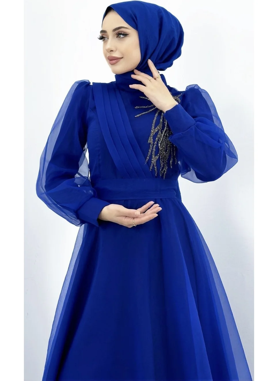 Merve Plume Shoulder Stone Embroidered Hijab Evening Dress Organza Tulle Belt Detailed Design Fashion Wedding Elegance – Saks