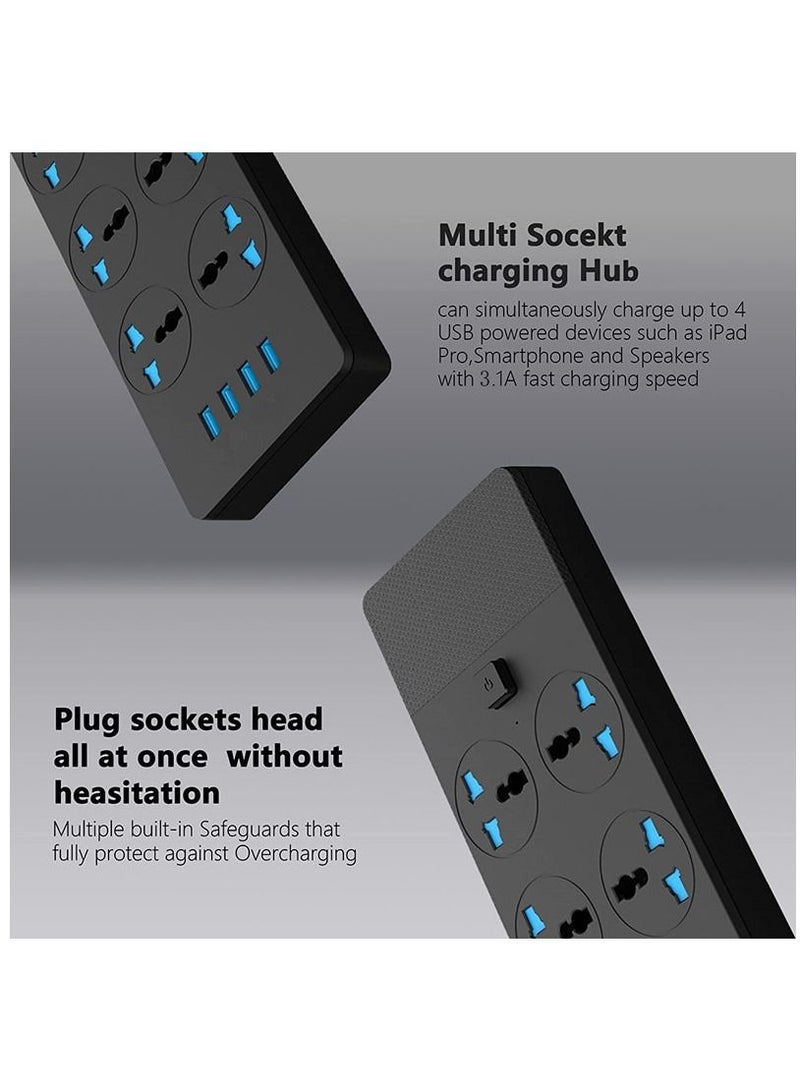 موزع الطاقة العالمي مع مقابس تمديد، محول جدار شامل مع 4 منافذ USB (3.1A) ومقبس كهربائي ذكي 6 منافذ وحماية من زيادة الحمل، كابل قابل للتمديد بمقابس المملكة المتحدة للاستخدام في المنزل والمكتب T12 (2 متر / 6.56 قدم - أسود). - Image 4