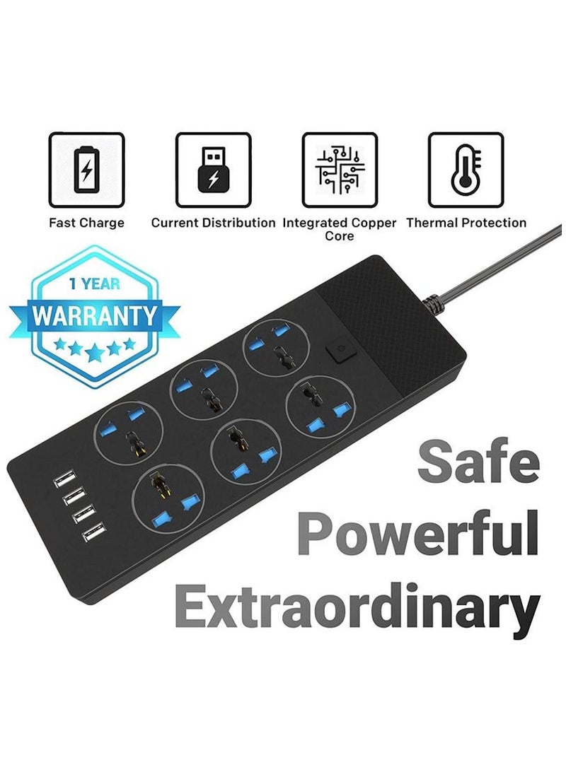 موزع الطاقة العالمي مع مقابس تمديد، محول جدار شامل مع 4 منافذ USB (3.1A) ومقبس كهربائي ذكي 6 منافذ وحماية من زيادة الحمل، كابل قابل للتمديد بمقابس المملكة المتحدة للاستخدام في المنزل والمكتب T12 (2 متر / 6.56 قدم - أسود). - Image 3