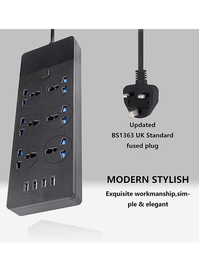 موزع الطاقة العالمي مع مقابس تمديد، محول جدار شامل مع 4 منافذ USB (3.1A) ومقبس كهربائي ذكي 6 منافذ وحماية من زيادة الحمل، كابل قابل للتمديد بمقابس المملكة المتحدة للاستخدام في المنزل والمكتب T12 (2 متر / 6.56 قدم - أسود). - Image 5