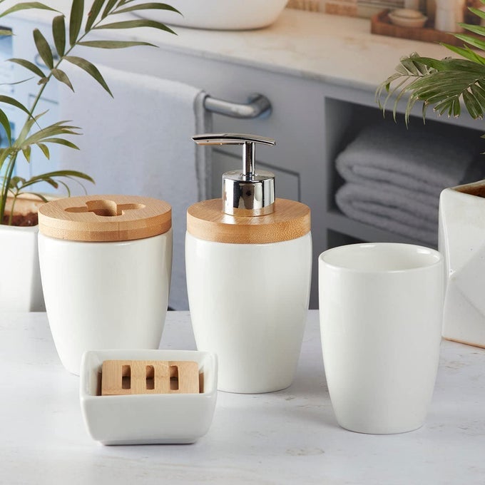 CERAMIC BATHROOM ACCESSORIES SET OF 4 MODERN BATH SET WITH SOAP DISPENSER TOOTHBRUSH HOLDER LUXURY HOME GIFT IDEA WHITE 9597