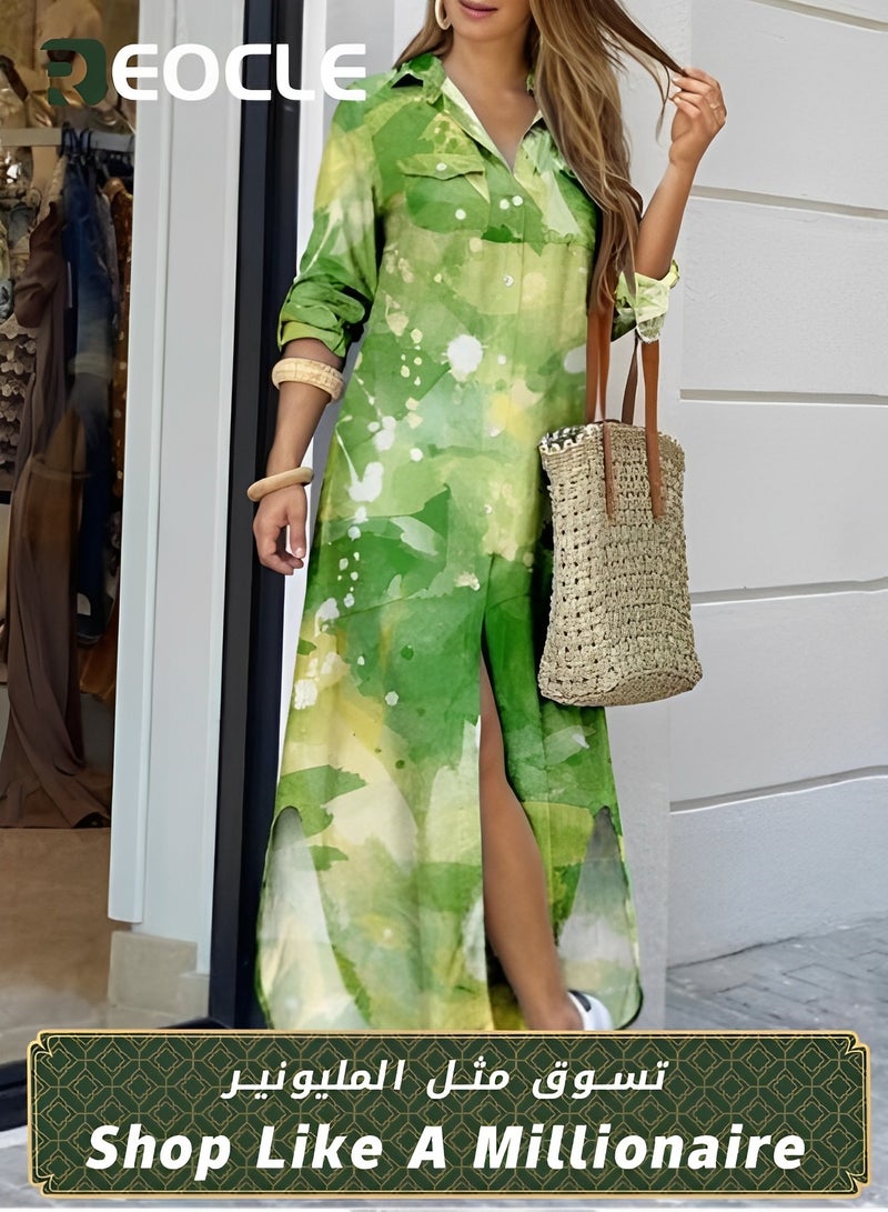 REOCLE Spring And Summer Shirt Long Skirt Dress for Women Casual Loose Design Long-sleeved Design Modify Figure  - Image 1