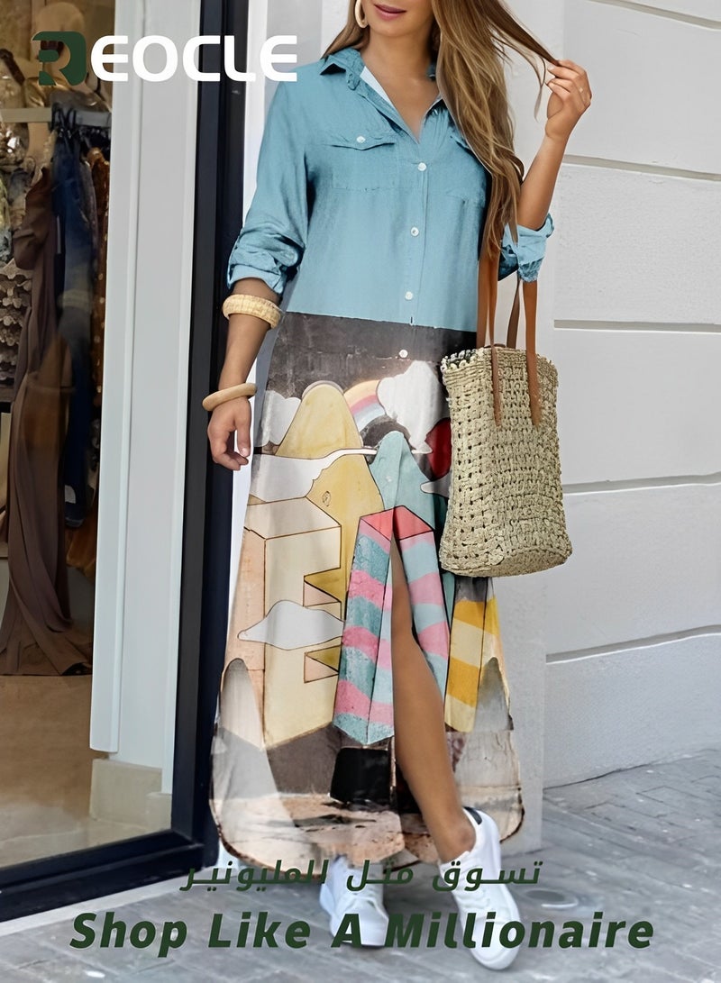 REOCLE Spring And Summer Shirt Long Skirt Dress for Women Casual Loose Design Long-sleeved Design Modify Figure  - Image 3