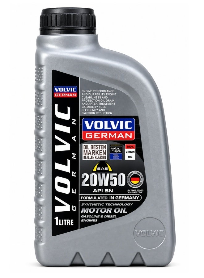 فولفيك زيت محرك VOLVIC GERMAN SAE 20W-50 سعة 1 لتر، زيت سيارات بمواصفة API SN وتقنية تخليقية عالية الأداء، مصمم لدعم أداء المحرك والمتانة والنظافة والحماية الداخلية وكفاءة التشغيل، مناسب لمحركات البنزين المتوافقة التي تتطلب درجة لزوجة 20W-50، تركيبة مطورة في ألمانيا - Image 1