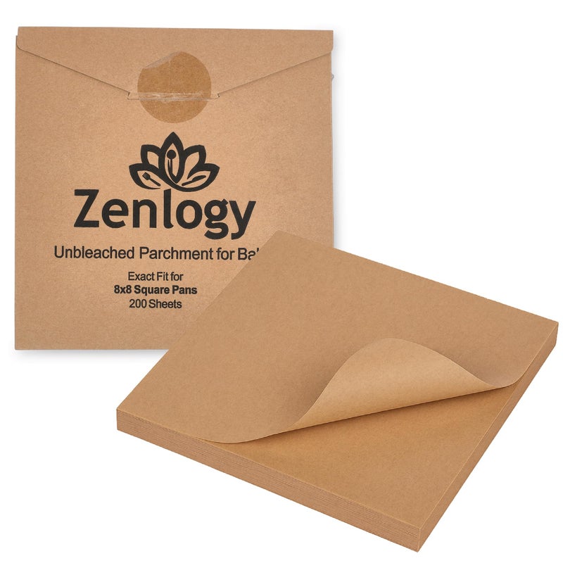 Zenlogy 8x8 Parchment Squares (200 sheets) - Unbleached, Non-stick, Pre-cut Parchment Paper - Fits 8x8 Brownie Square Pans and Toaster Oven Trays, and Air Fryer - Great for Wraps, Baking, Roasting - Image 1