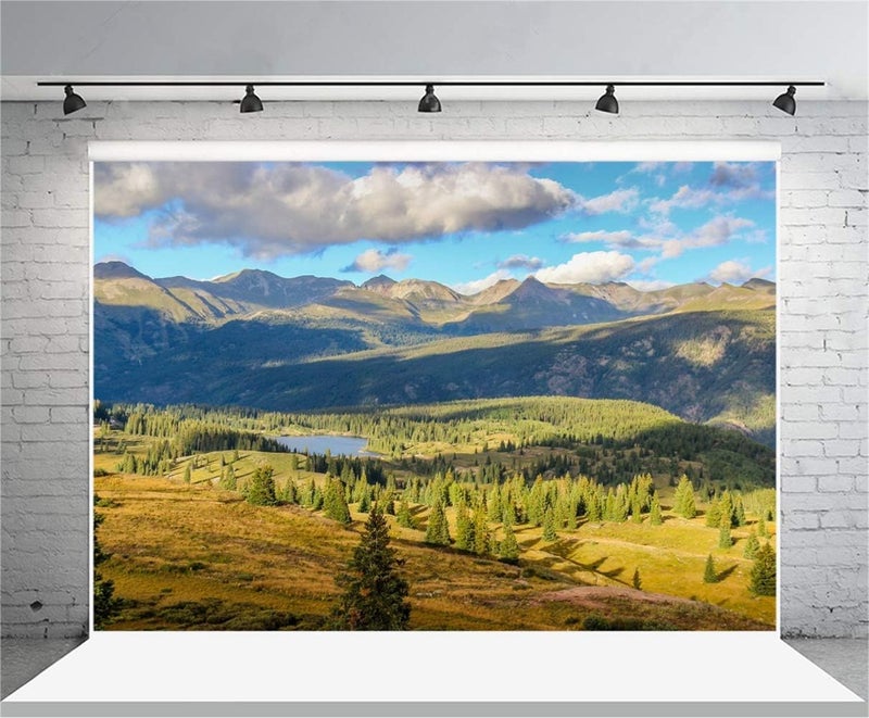 Laeacco 10x65FT Vinyl Backdrop Photography Background Colorado Mountain Lake Trees Nature Scenery Clouds Blue Sky Outdoor Realistic Photographic Shoot Background Photo Portraits Studio Props - Image 2