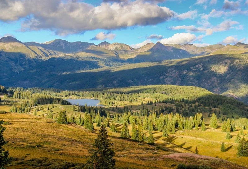 Laeacco 10x65FT Vinyl Backdrop Photography Background Colorado Mountain Lake Trees Nature Scenery Clouds Blue Sky Outdoor Realistic Photographic Shoot Background Photo Portraits Studio Props - Image 1