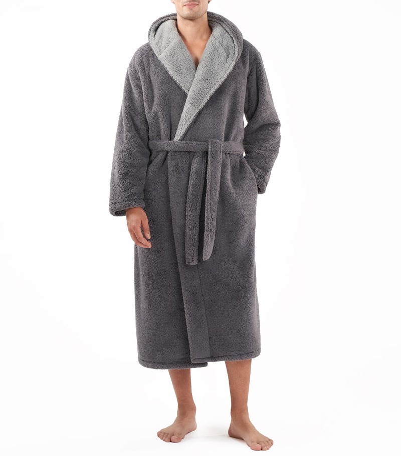DAVID ARCHY Mens Soft Plush Fleece Robe Full Length Hooded Long Bathrobe for Men with Hood XL Dark Gray Shu Velveteen
