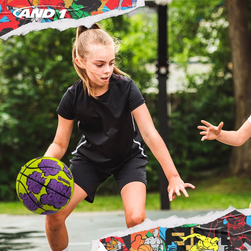 AND1 Toss Up 28.5 Basketball - Intermediate Rubber Streetball for Indoor/Outdoor Play, Includes Pump, Size 6 - Image 5