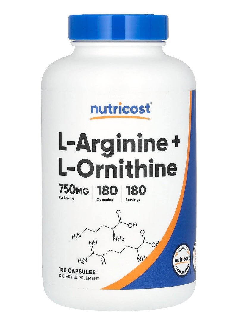 Nutricost L-Arginine + L-Ornithine 750mg, 180 Capsules - Image 1
