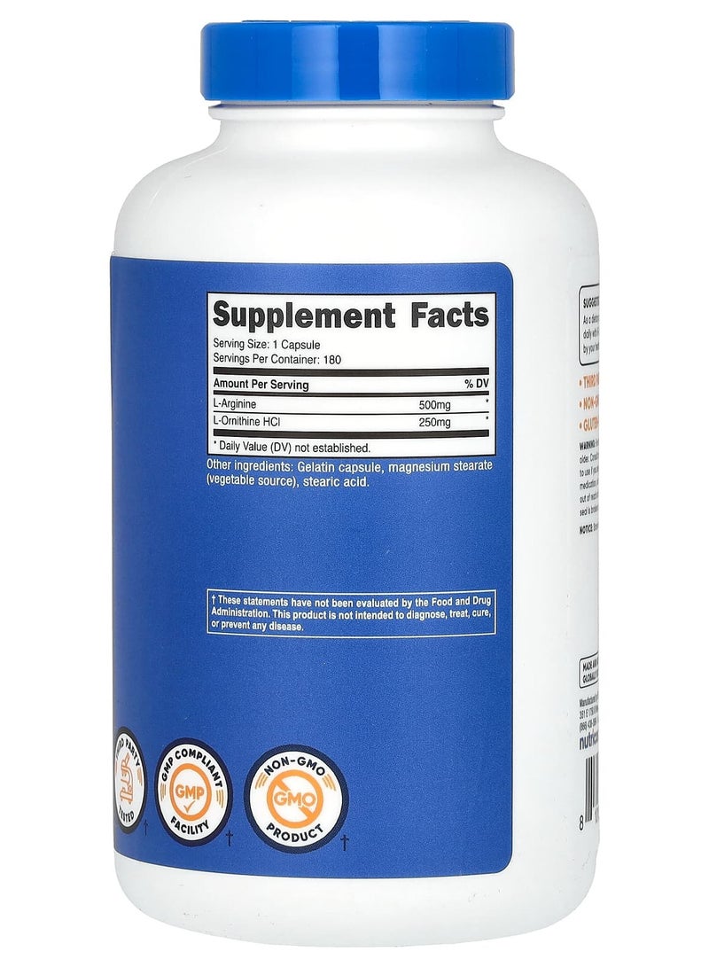 Nutricost L-Arginine + L-Ornithine 750mg, 180 Capsules - Image 2