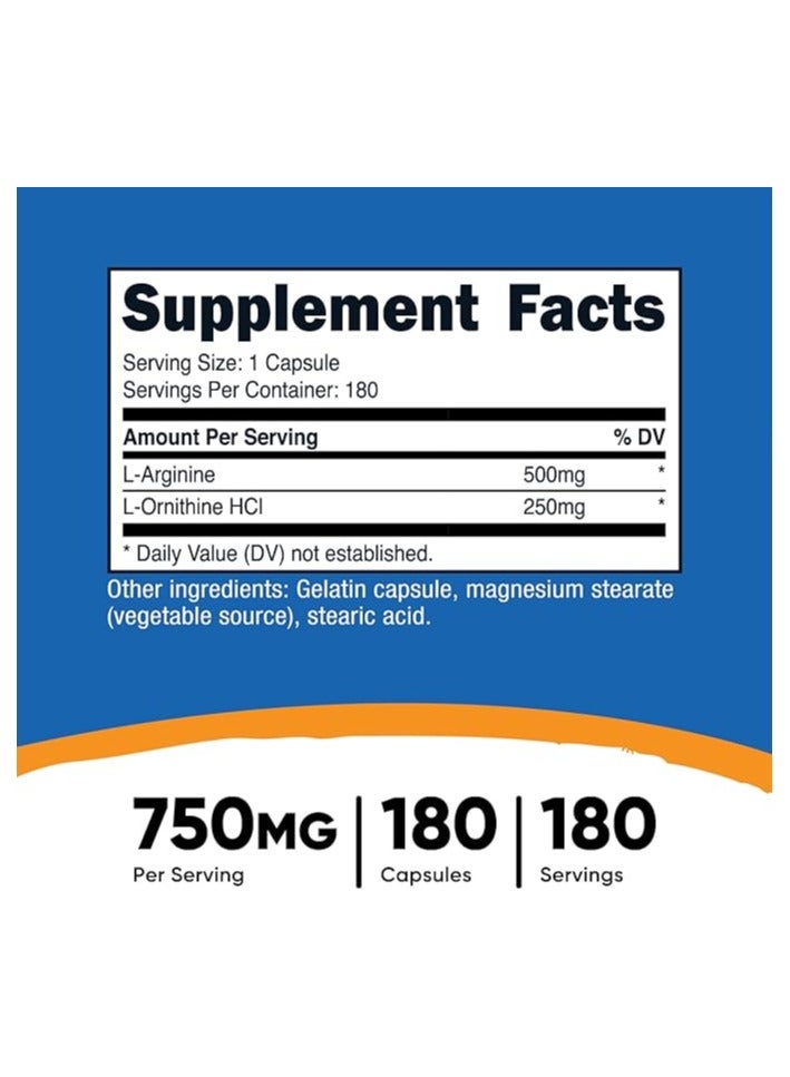 Nutricost L-Arginine + L-Ornithine 750mg, 180 Capsules - Image 4