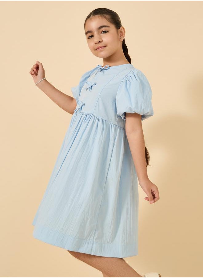 Styli - Puff Sleeve Bow Detail Round Neck Dress - Image 1