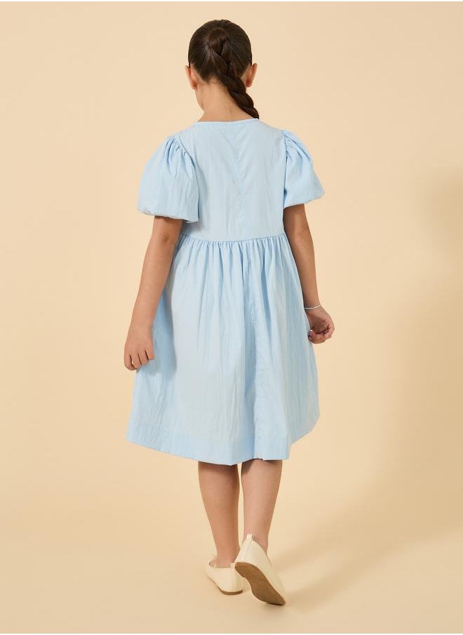 Styli - Puff Sleeve Bow Detail Round Neck Dress - Image 1
