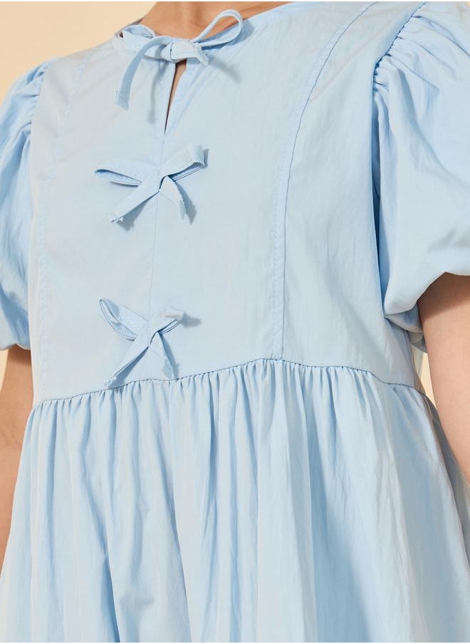 Styli - Puff Sleeve Bow Detail Round Neck Dress - Image 1