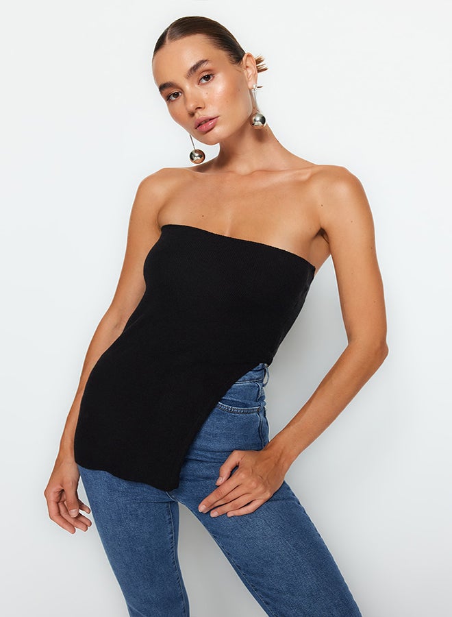 trendyol Black Strapless Slit Detailed Premium Yarn / Special Yarn Knitwear Thin Blouse TWOAW24BZ00131  - Image 2