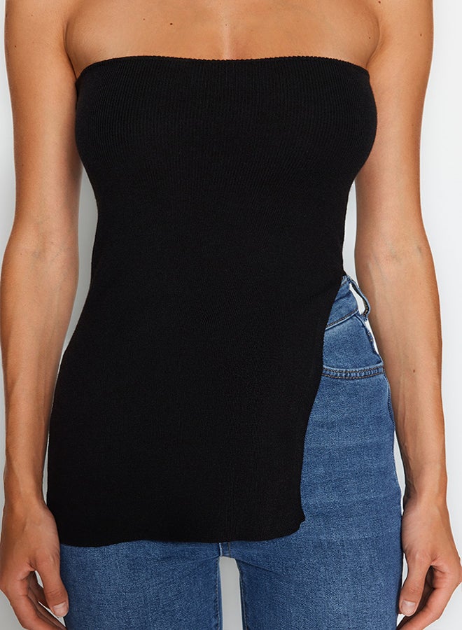 trendyol Black Strapless Slit Detailed Premium Yarn / Special Yarn Knitwear Thin Blouse TWOAW24BZ00131  - Image 5