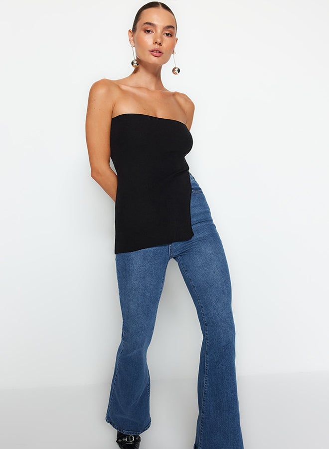 trendyol Black Strapless Slit Detailed Premium Yarn / Special Yarn Knitwear Thin Blouse TWOAW24BZ00131  - Image 3