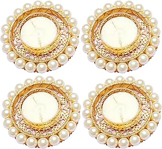 Aditri Creation Set of 4 White Pearl Moti Design T Light Holder Candle Stand Tealight T-Light Holders for Festival - Image 1