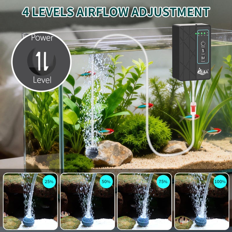 AQQA Aquarium Air Pump 30GPH, USB Rechargeable Battery Powered Fish Tank Air Pump, Adjustable Air Flow Silent Aerator Oxygen Pump for Outdoor Fishing Indoor Power Outages Up to 60 Gallons Tank 2W - Image 4