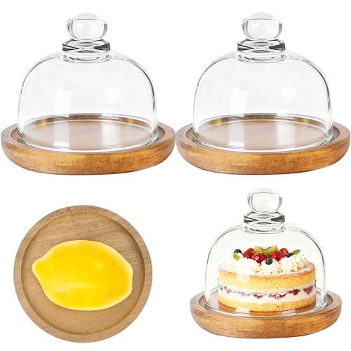 Ikerall 2 Pack Ultra Mini Wooden Base Cake Display Stand with Glass Dome,Cloche Clear Glass Bell Jar Cover for Dessert Cheese Candy Plants Succulents （for Sizes up to 3 "） - Image 1
