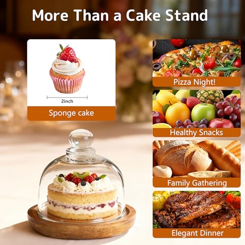 Ikerall 2 Pack Ultra Mini Wooden Base Cake Display Stand with Glass Dome,Cloche Clear Glass Bell Jar Cover for Dessert Cheese Candy Plants Succulents （for Sizes up to 3 "） - Image 3