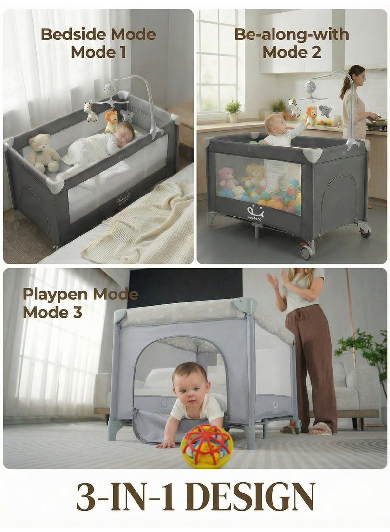 أم أكثر سرير أطفال MoMore (125×60 سم) 5 في 1 - ساحة لعب دورين مع عجلات بفرامل أمان، جرس موسيقي، قماش مسامي وحقيبة حمل - مهد متنقل وآمن للمواليد - Image 4