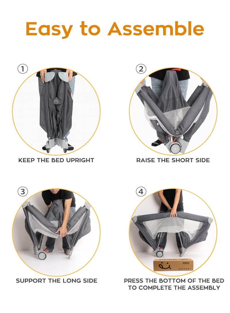 أم أكثر سرير أطفال MoMore (125×60 سم) 5 في 1 - ساحة لعب دورين مع عجلات بفرامل أمان، جرس موسيقي، قماش مسامي وحقيبة حمل - مهد متنقل وآمن للمواليد - Image 5