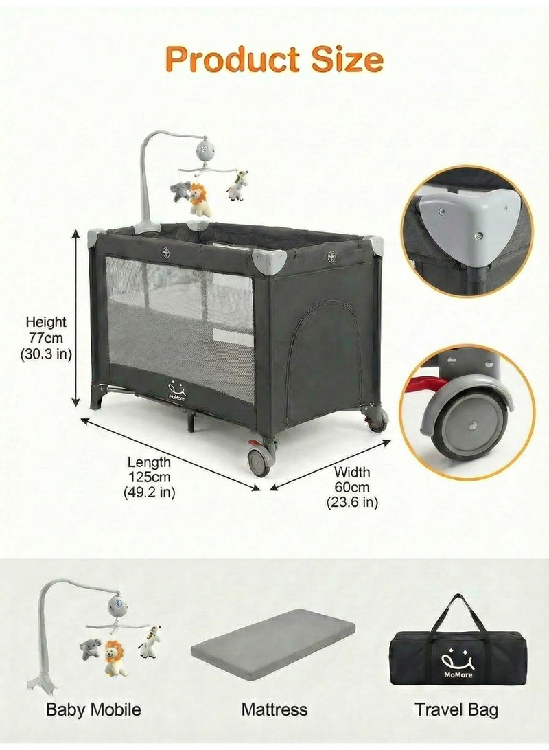 أم أكثر سرير أطفال MoMore (125×60 سم) 5 في 1 - ساحة لعب دورين مع عجلات بفرامل أمان، جرس موسيقي، قماش مسامي وحقيبة حمل - مهد متنقل وآمن للمواليد - Image 2