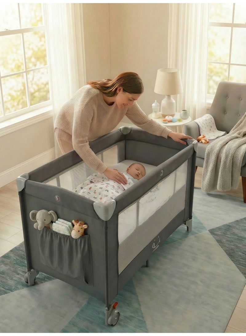 MoMore 3-in-1 Baby Cot & Playpen (125x60x77cm) - Double Layer Travel Crib with Brake Wheels, Breathable Mesh & Carry Bag - Skin-Friendly Portable Bed - Image 1