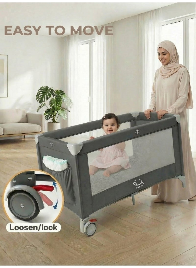 MoMore 3-in-1 Baby Cot & Playpen (125x60x77cm) - Double Layer Travel Crib with Brake Wheels, Breathable Mesh & Carry Bag - Skin-Friendly Portable Bed - Image 3