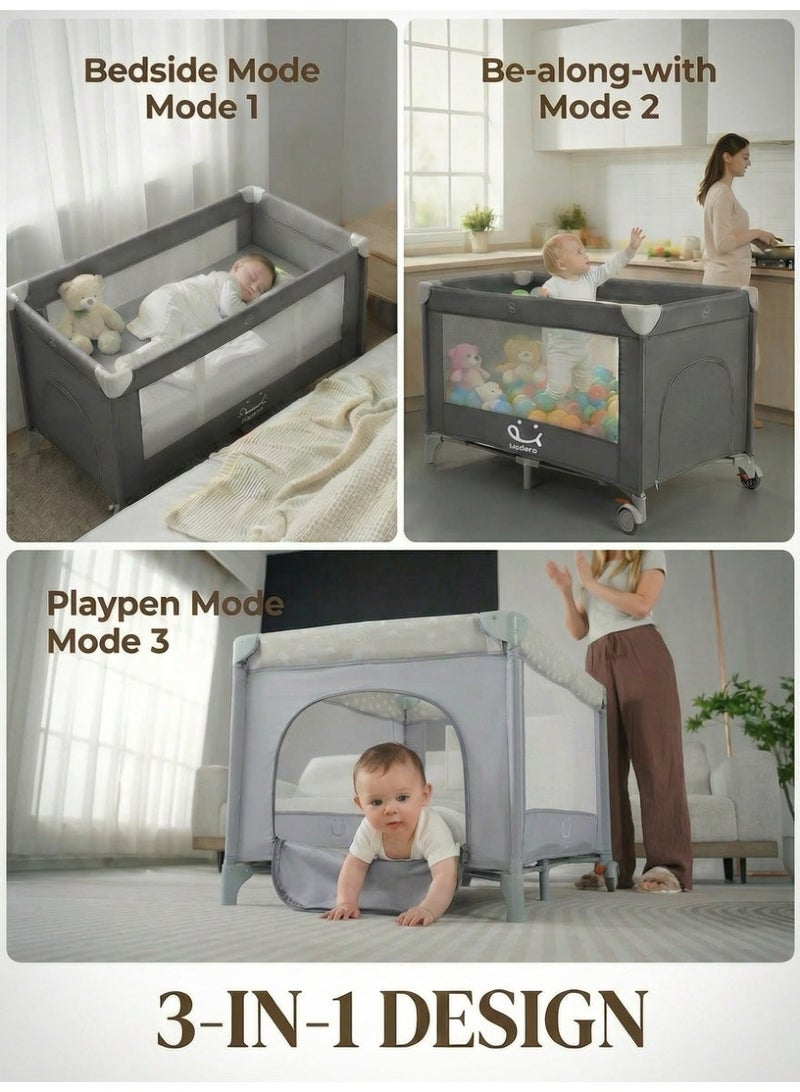 MoMore 3-in-1 Baby Cot & Playpen (125x60x77cm) - Double Layer Travel Crib with Brake Wheels, Breathable Mesh & Carry Bag - Skin-Friendly Portable Bed - Image 4